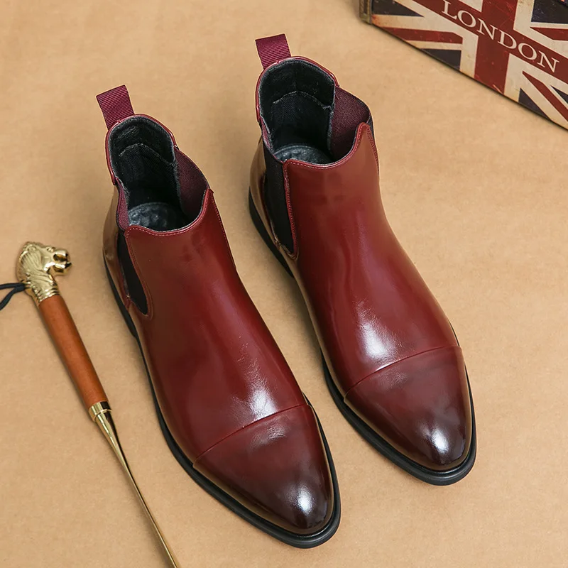 Men's Spring and Autumn High cut Red Leather Shoes with Pointed Toes  Large Size Boots  British Casual Chelsea Boots