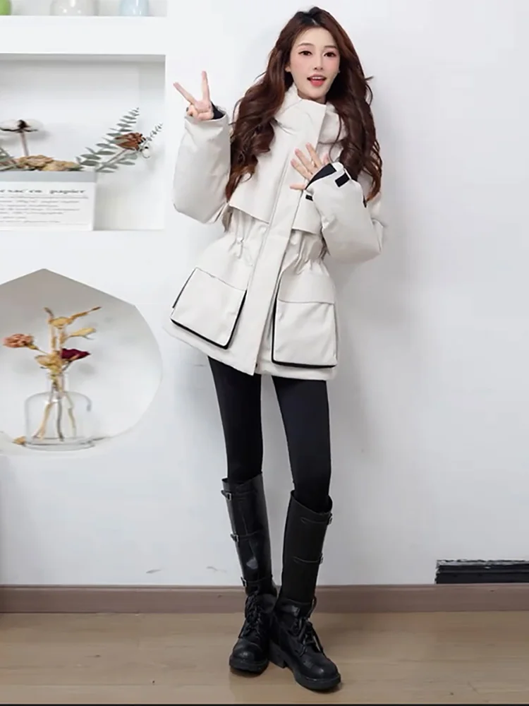 

Korean Sle Women's Winter Workwear Jaet Thiened Cotton Lined Hooded Coat Warm Fce Zipper Closure Long Sve Pure Color