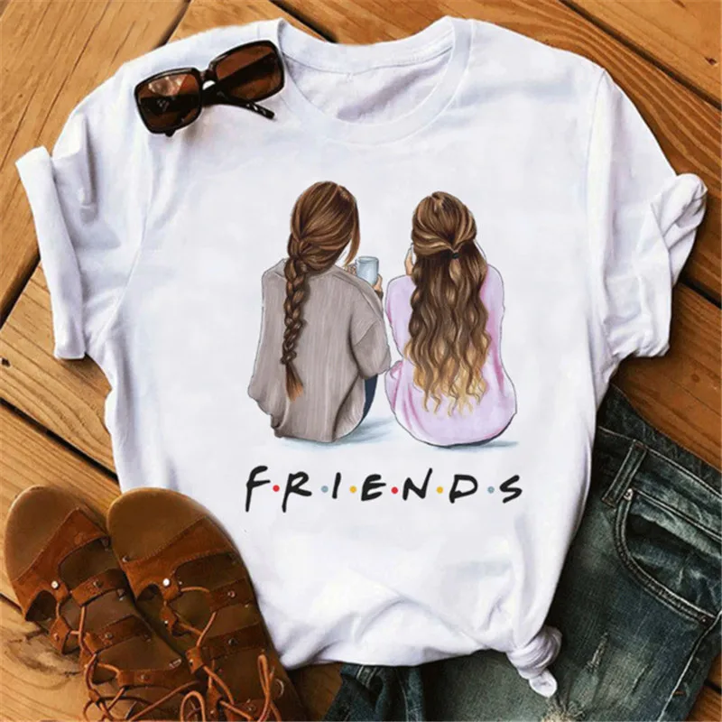 Summer Good Friends Cartoon Print Casual Loose Crew Neck Top T-shirt Women Short Sleeves Graphic T Shirts