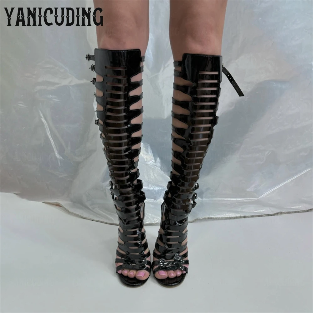 

Black Gladiator Cage Sandal Boots Round Open Toe Stiletto Sandals Multiple Buckle Hollow Designer Knee High Boots for Summer