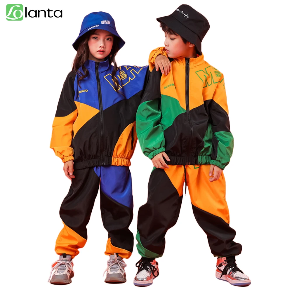 

LOlanta Boys' Girls' Color Block Jacket Track Pants Sets Hip Hop Dance Patchwork Clothes Streetwear 4-16Years