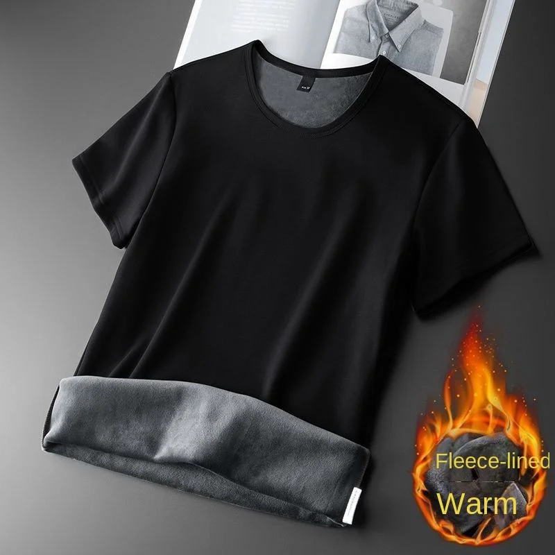 Men Thermal Underwear Tops Fleece Thickened short Sleeve T-Shirt Keep Warm Tees O-neck Solid Bottoming Shirt Thermo Pullover