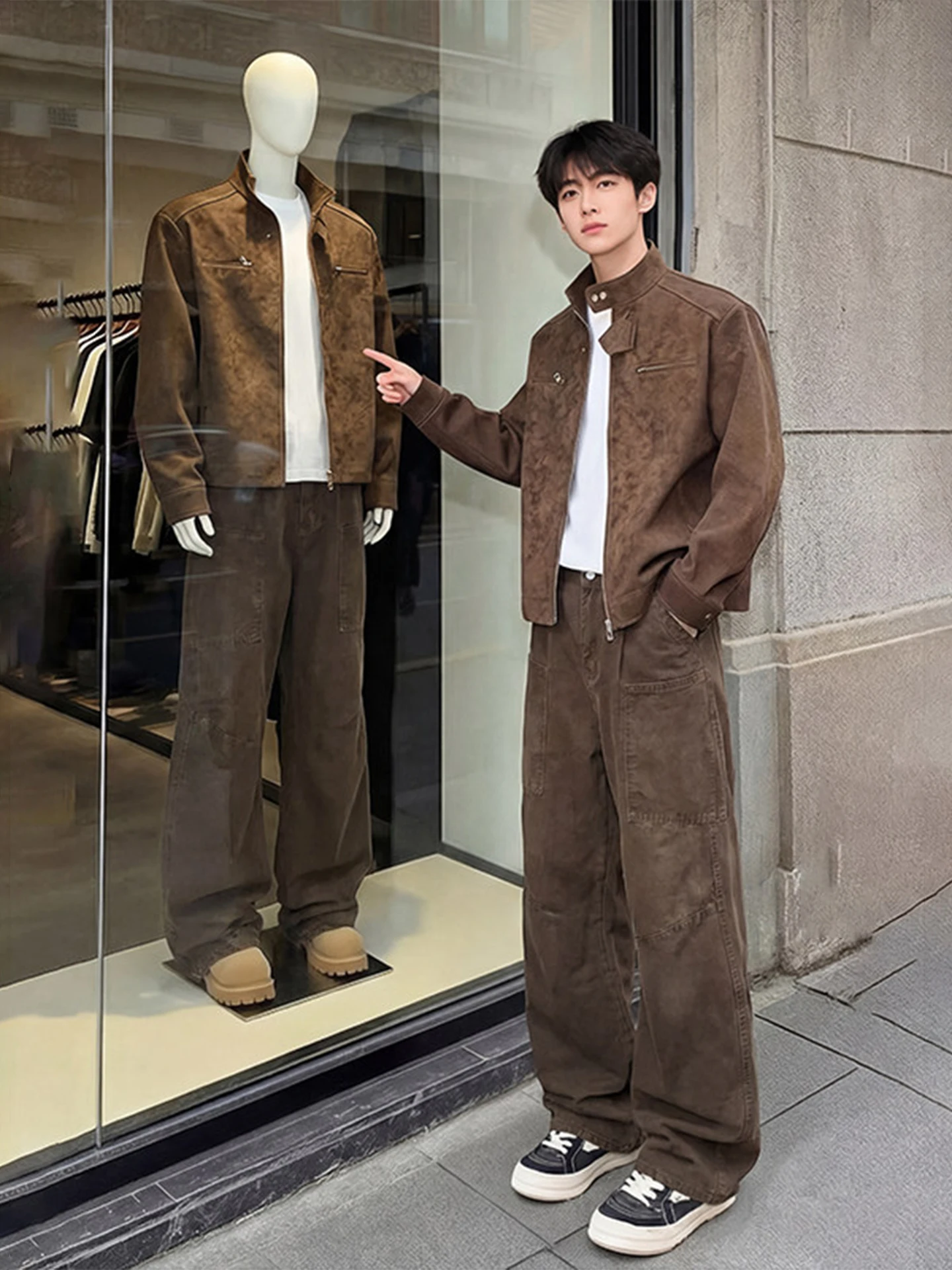 

Ce Brown Workwear Sle Men's Jeans with Big kets Straight Leg Micro Flared Pants American High Street Faion