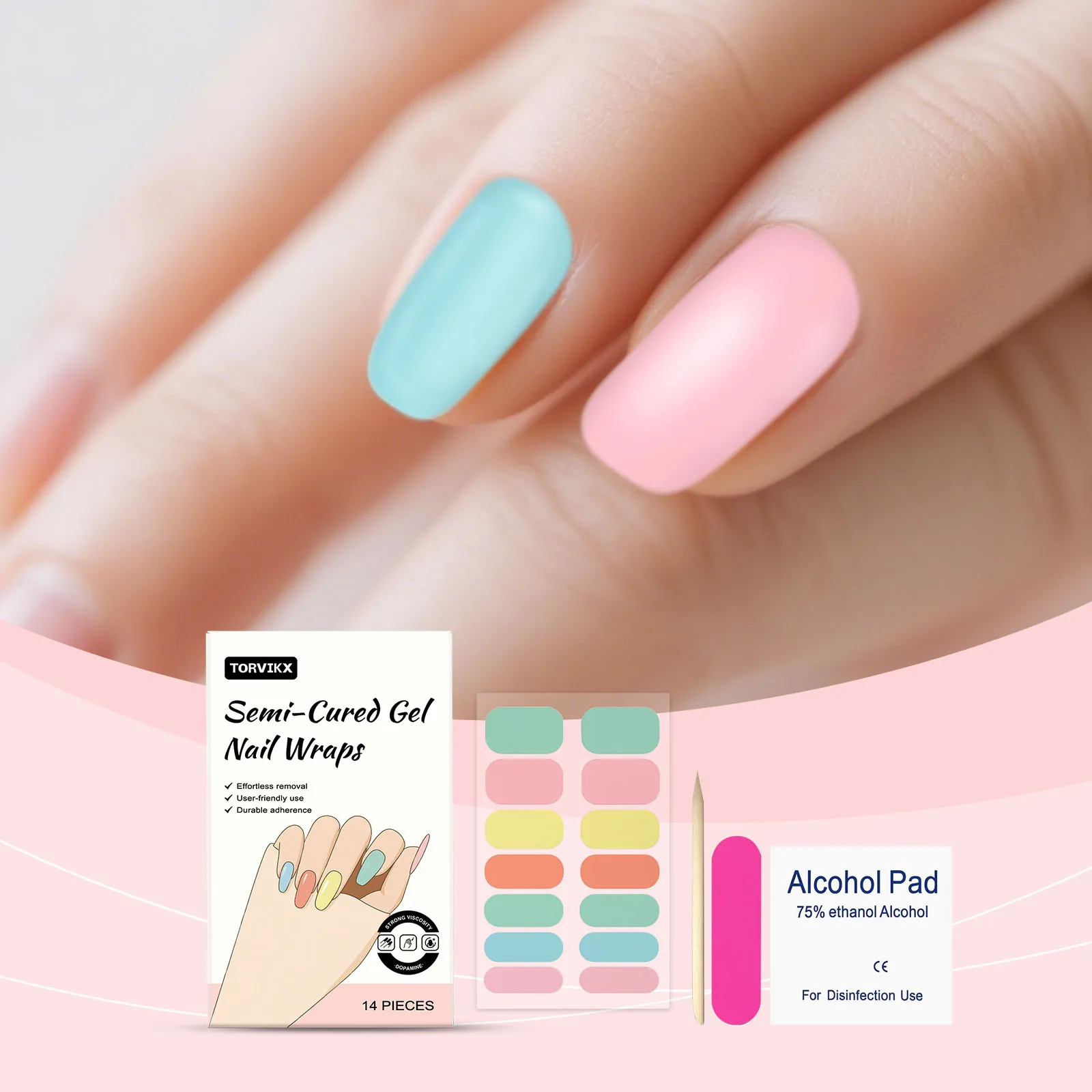 Semi-Cured Gel Nail Wraps, Pastel Multi-Color Nail Stickers, Long Lasting Soft Gel Nail Strips for DIY Home Manicure