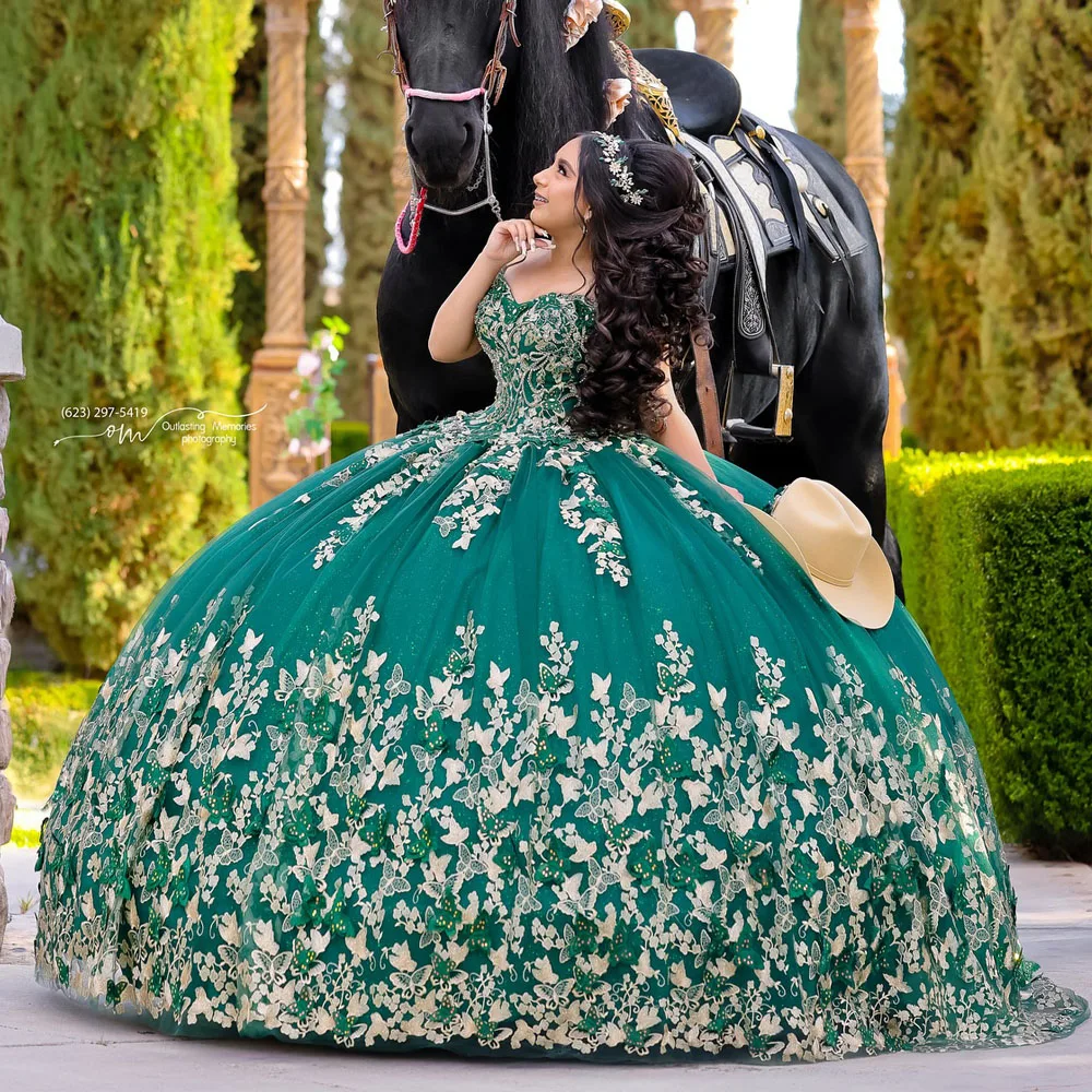 

Green Girl Birthday Gown Vestidos De 15 Anos Ball Gown Quinceanera Dresses 3D Flowers Formal Party Dress