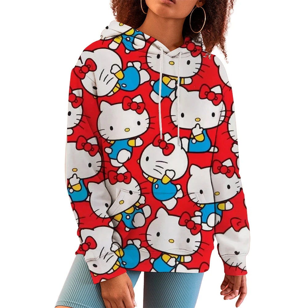 Damska bluza z nadrukiem Hello Kitty, damska bluza z kapturem High Street, odzież we wzór Y2K, swobodny sweter z okrągłym dekoltem