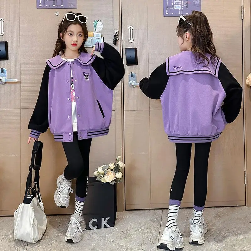 

Sanrio Girl Coat Set Kuromi Kawaii Anime Fashion Autumn Student Casual Baseball Uniform Pants 2-Piece Set Children Clothing New