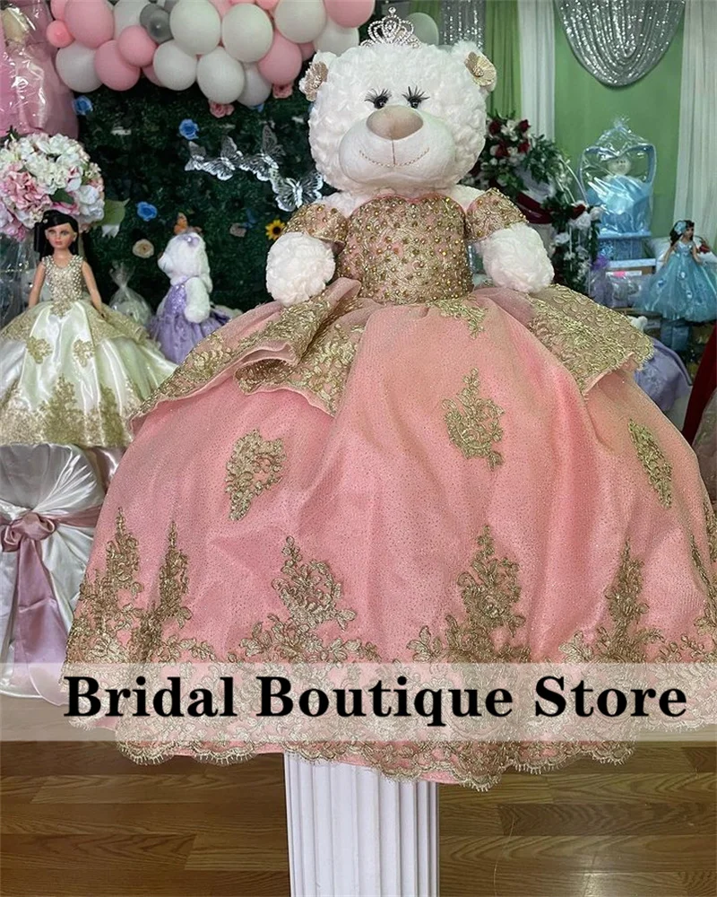 Enlace especial para vestido de oso de peluche, vestido de quinceañera, Apliques de encaje rosa, cristales