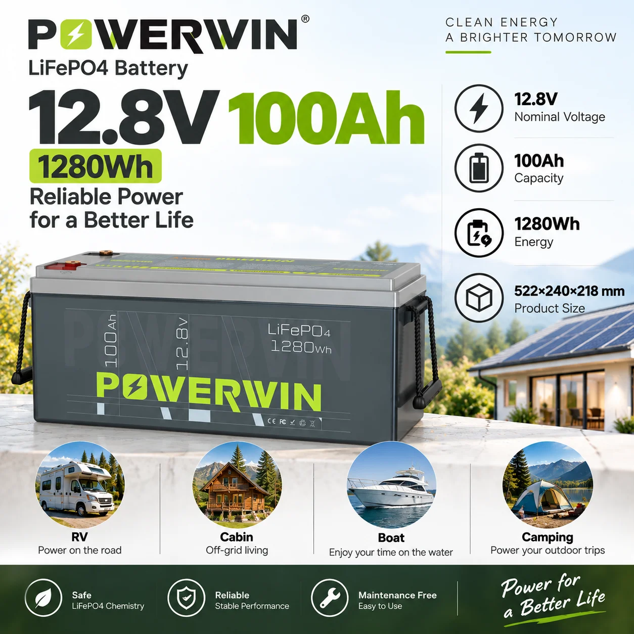 POWERWIN BT100 12.8V 100Ah LiFePO4 Battery, 1280Wh, 4000+ Cycles, 100A Max Discharge, Series & Parallel Connection, Up to 4S4P
