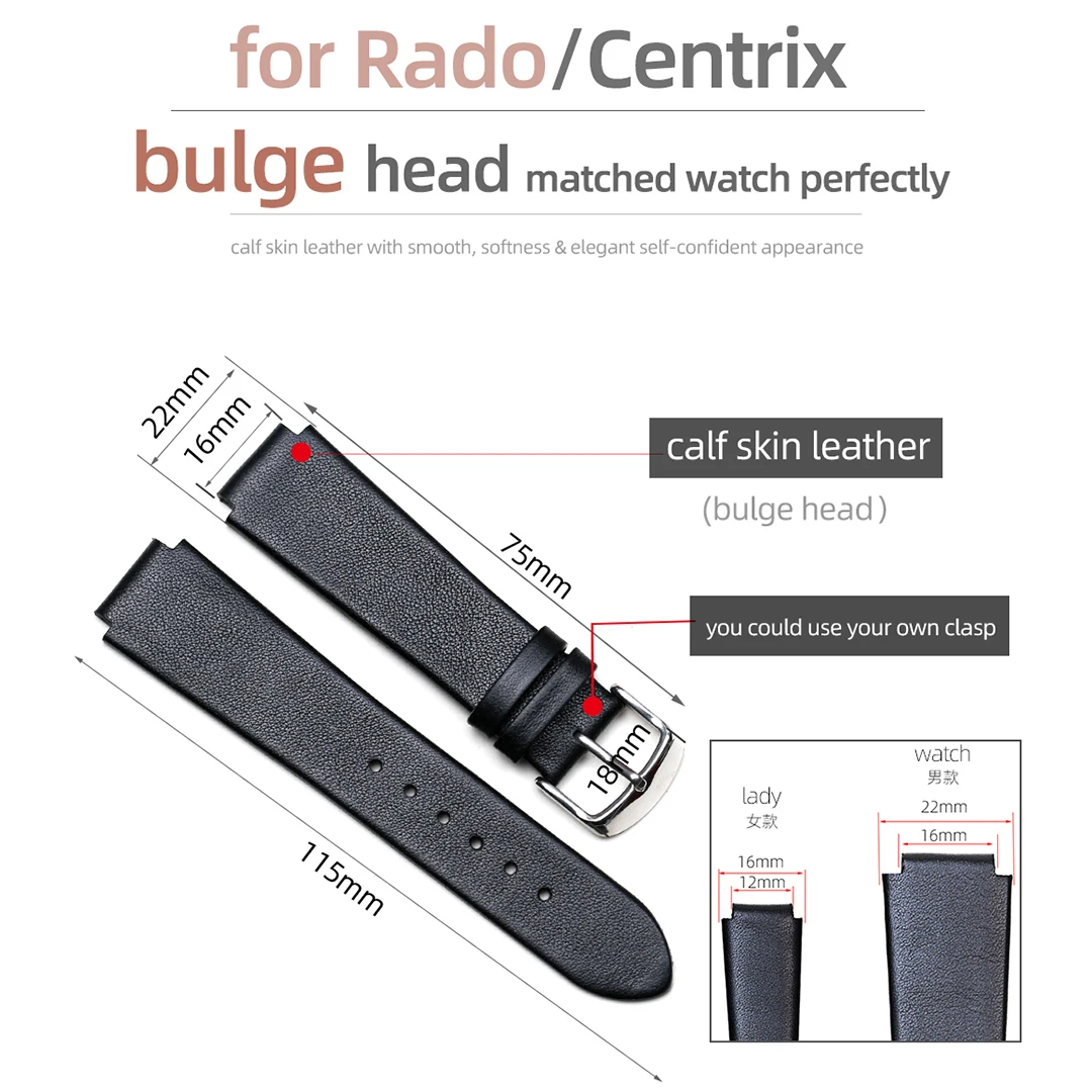 Pesno Watch Band Men Women Watch Bracelet Suitable for Rado Centrix R30941752/R30928715 Genuine Calf Skin Leather Strap Bands