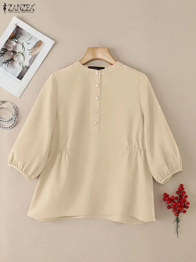 ZANZEA Casual Chic Gathered Detail Blouses Women Spring 2026 O-Neck Half-Button 3/4 Puff Sleeve Solid Color Tops Woman Clothes