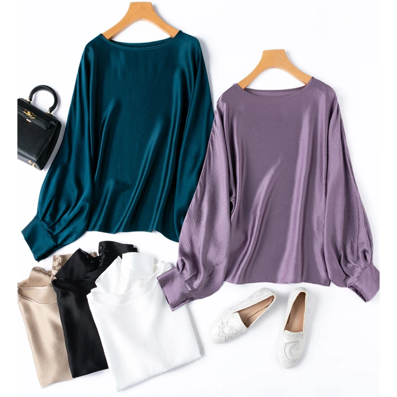 

Women Silk Blouse 100% Mulberry Silk 19 Momme Peacock Blue Loose Type Lantern Long Sleeve Pullover Top Shirt M L M1457