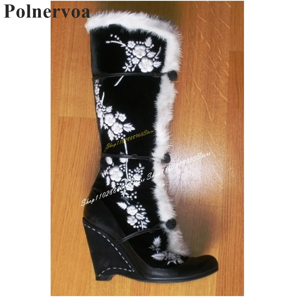 Mid Calf Black Furry Embroider Boots Wedges Heel Shoes For Women Button Strap Round Toe 2024 Fashionable Zapatos Para Mujere