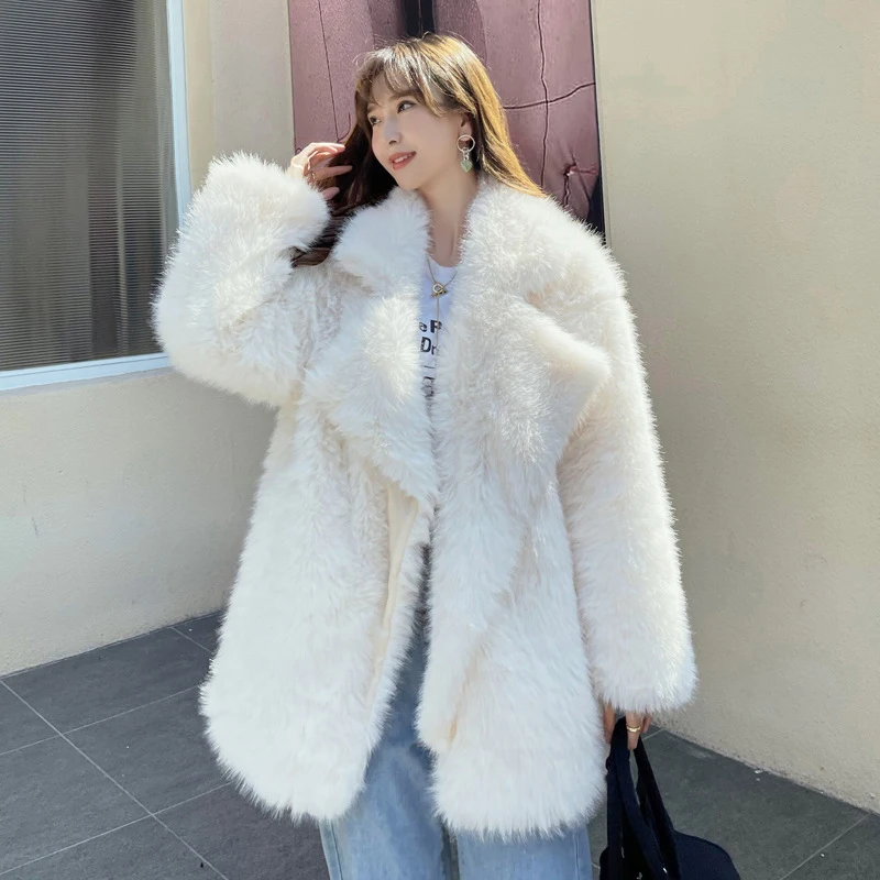 

Women White Faux Fur Coat Pink Faux Fox Fur Coat Winter 2023 Elegant Luxury High Quality Furry Outwear Mid-length Overcoat