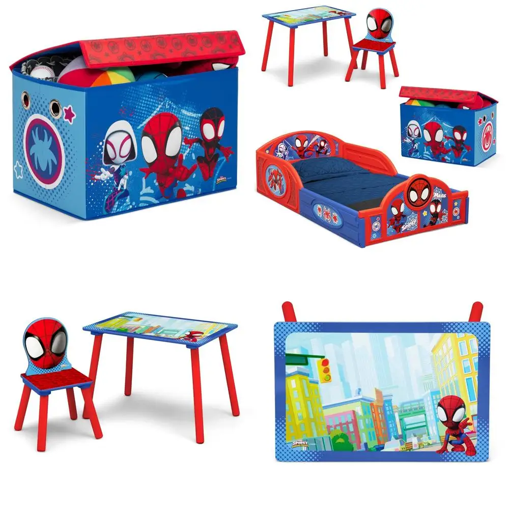 

Набор предметов первой необходимости для детской комнаты: кровать для сна и игр, стол, стул, тканевая коробка для игрушек синего/красного цвета