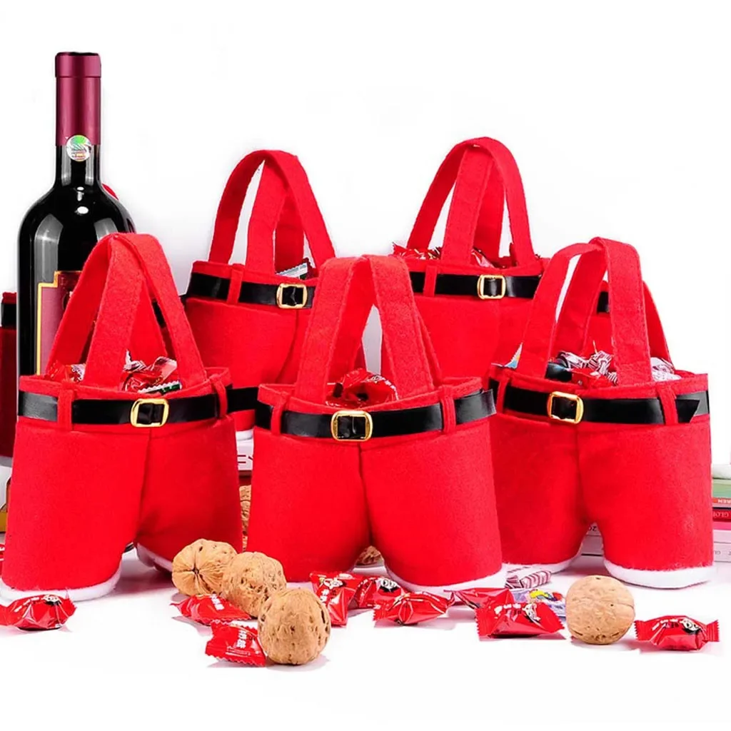 3Pcs Merry Christmas Gift Treat Candy Bags Wine Bottle Holder Santa Claus Suspender Pants Trousers Decor Christmas Gift Bags