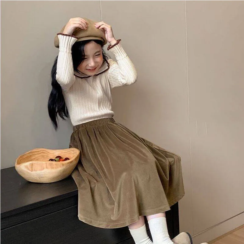 Children Autumn Big Girls Long Skirts Vintage Solid Color Fall Skirt Student Uniform 2024 New 3 4 5 6 7 8 9 10 11 12 13 14 Years