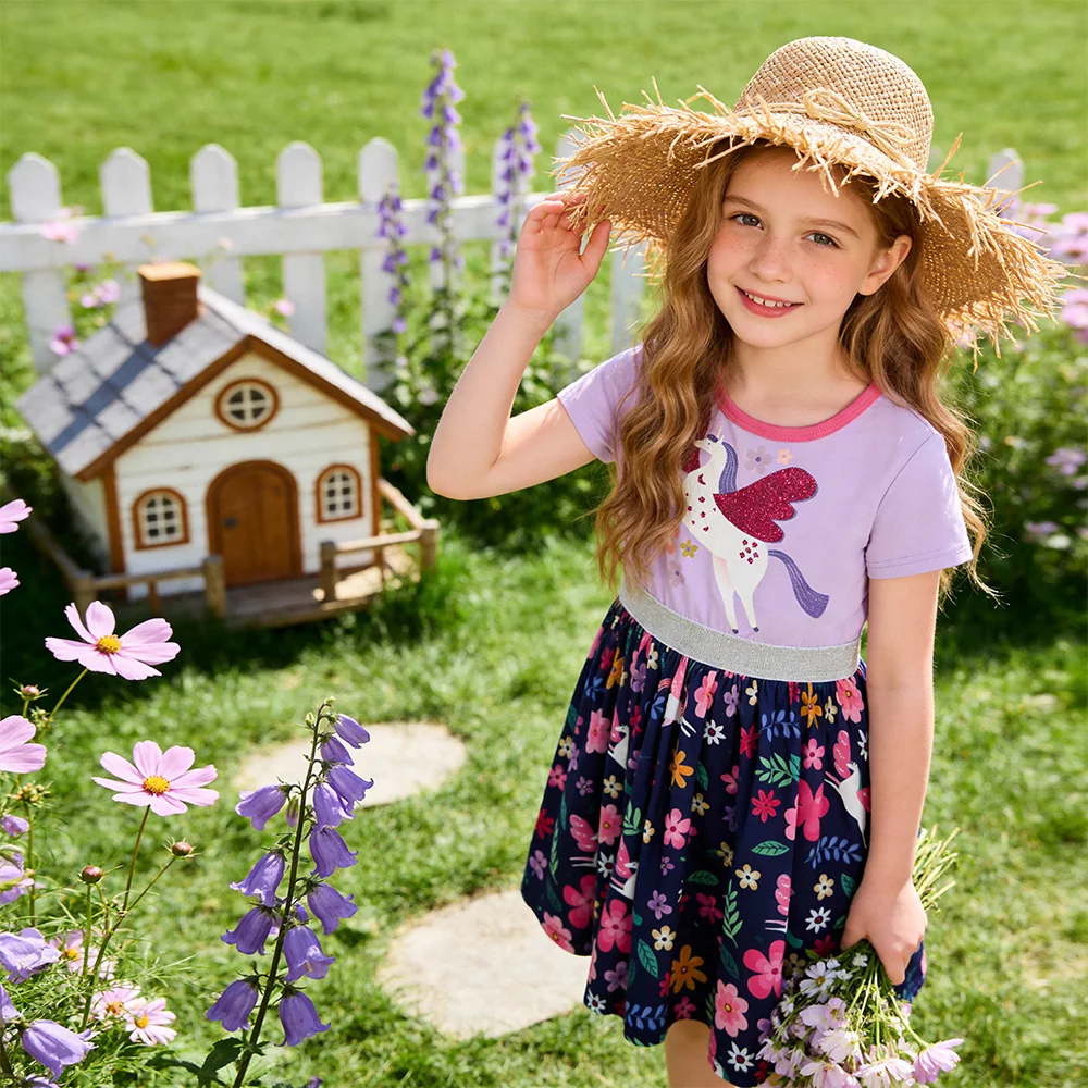 Girls Licorne Floral Print Purple Dress Kids Short Sleeve Summer Soft Daily Outfits Girls School Casual Frocks Kids Clothes