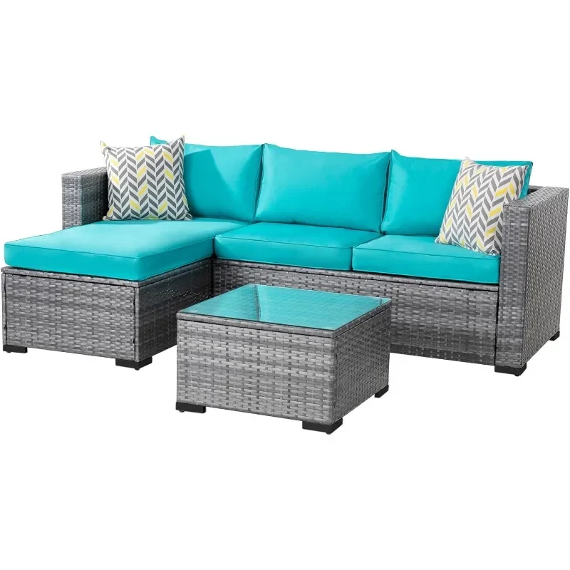 

Patio Furniture Sets 3 Pieces Outdoor Sectional Sofa Silver All-Weather Rattan Wicker Sofa Small Patio Conversation Couch