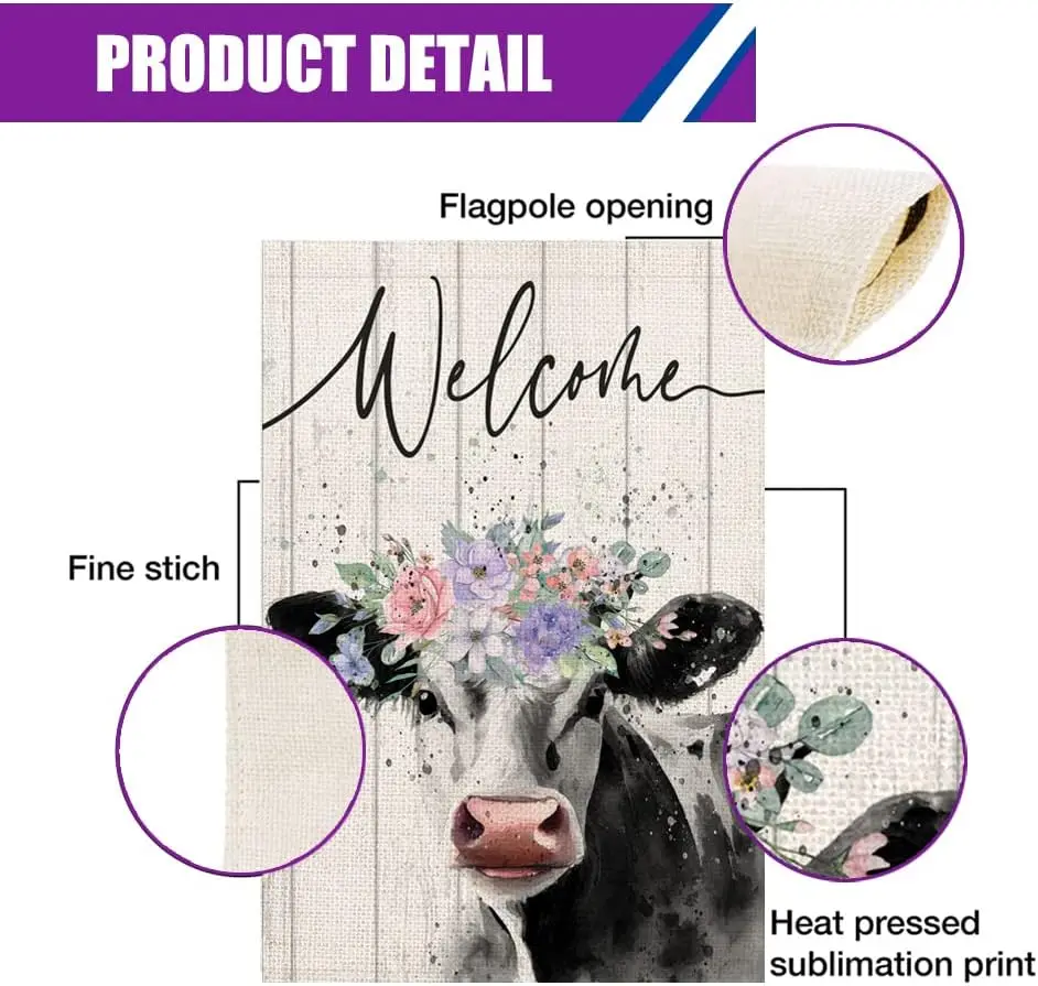 Welcome Spring Dairy Cow Garden Flag 12.5x18 Inch Vertical Double Sided Country Rustic Farm Animal with Flowers Leaves Farmhouse