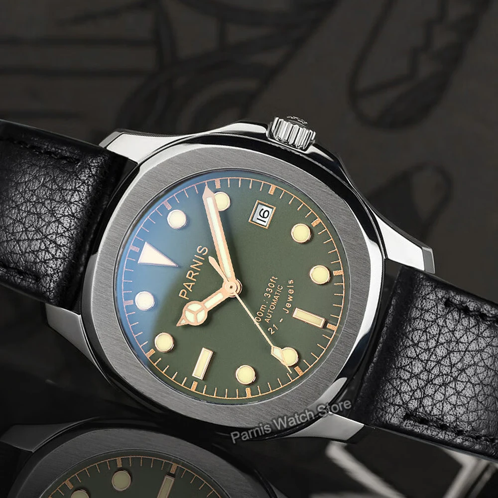 Parnis 39mm Geen Dial Mens นาฬิกาข้อมือคริสตัลแซฟไฟร์สแตนเลสสตีลนาฬิกาอัตโนมัติพร้อมสายหนัง