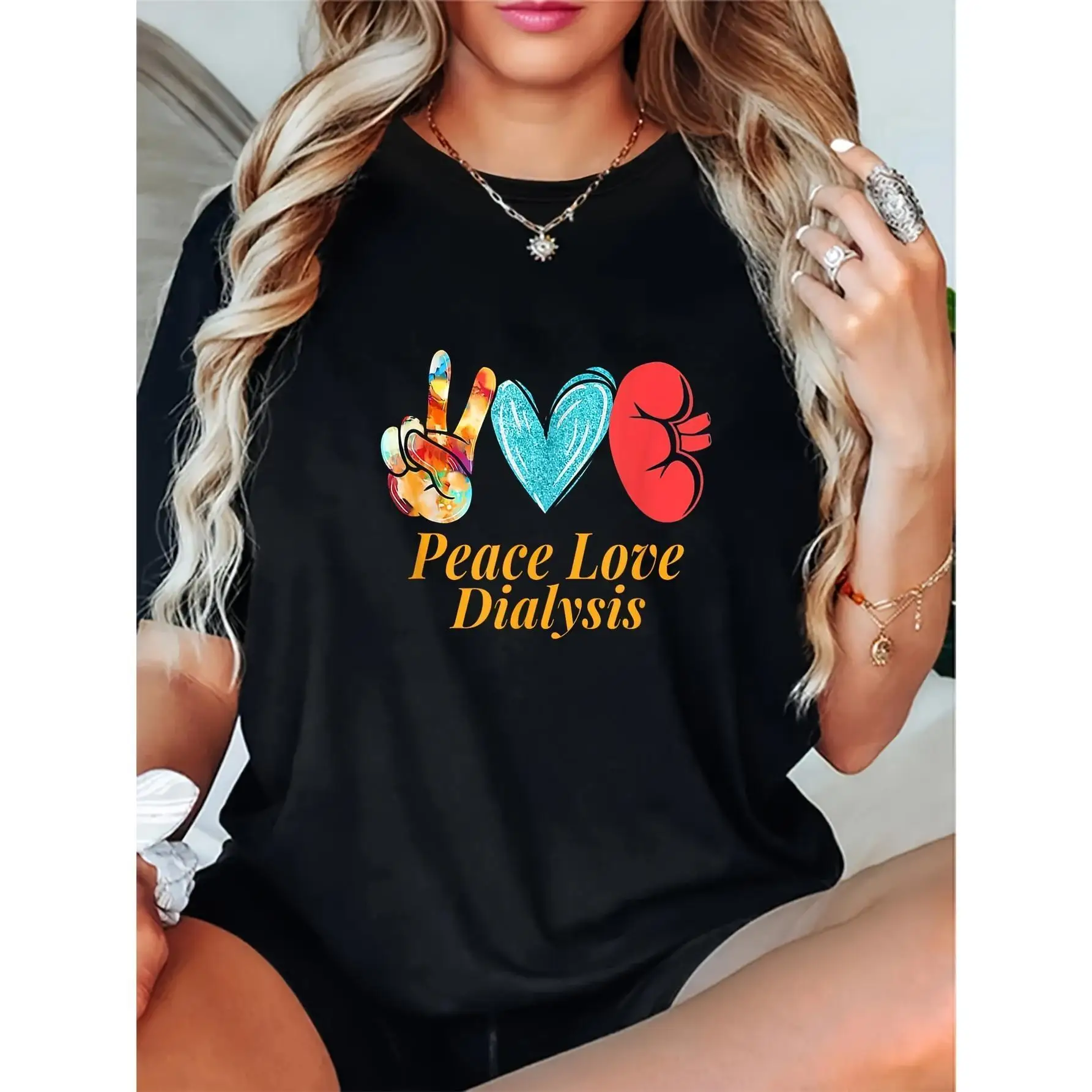 

Women's Peace Love Dialysis Graphic T-Shirt - Soft, Comfortable Short Sleeve Pullover with Artistic Print, Black Casual Summer