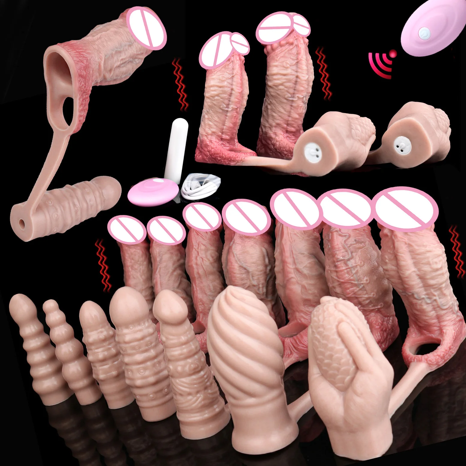FAAK Wireless Control Vibrating Silicone Anal Beads Realistic Penis Sleeve Asshole Training Cock Enlager Size S M for Men