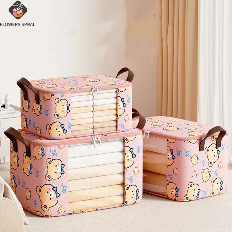 Large Capacity Seasonal Clothing Storage Bag With Visible Window Cartoon Pattern, Suitable For Storing Clothes And Bedding, Etc