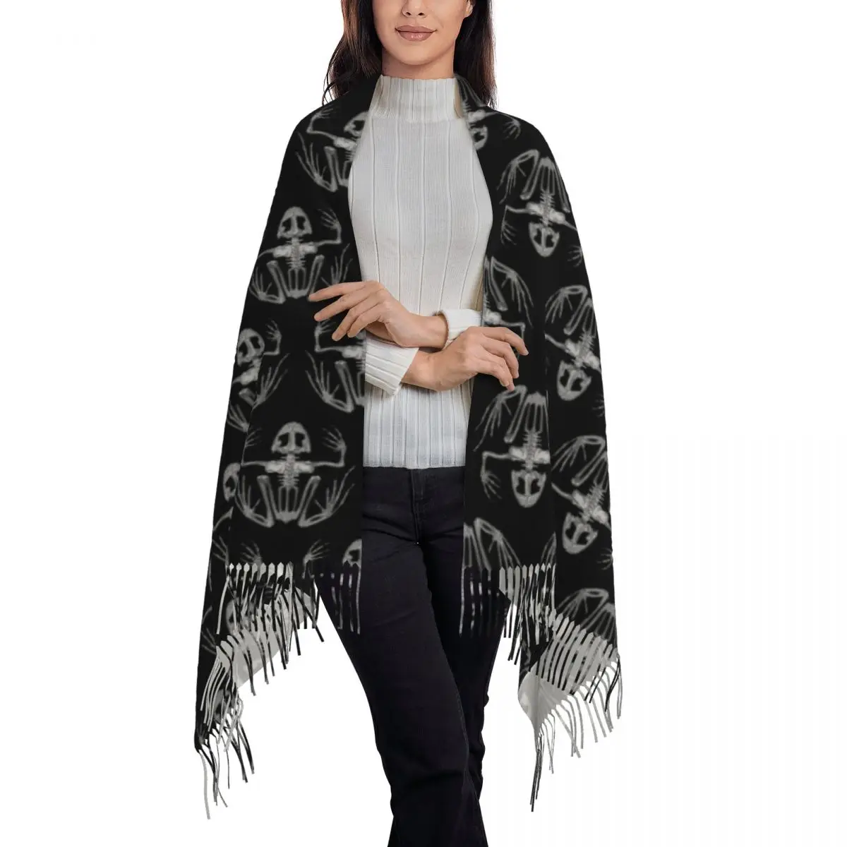 Frog Skeleton Scarf Tassel Scarves Women Soft Warm Shawls and Wraps Long Fall Winter Shawl Wrap