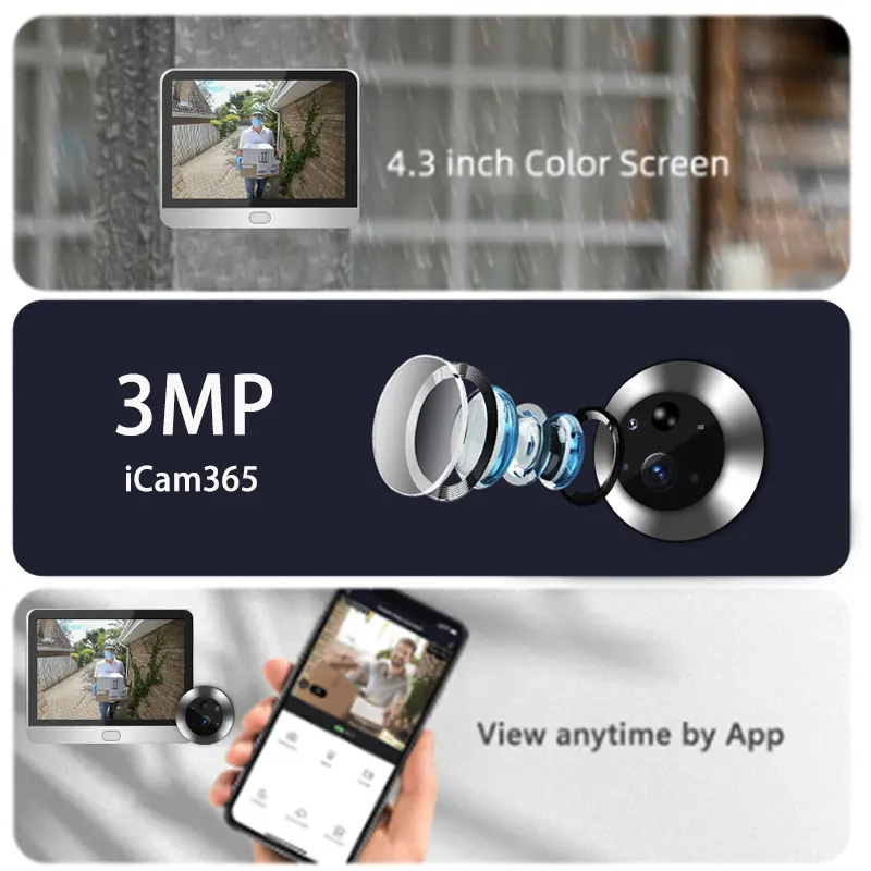 3mp icam365 Guckloch Tür Kamera Smart Home 4,3 Bildschirm Nacht Pir Wifi Telefon drahtlosen Sicherheits schutz für Smart Home