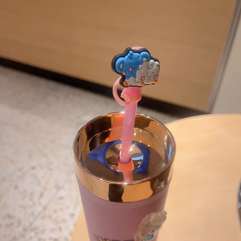 Kawaii Bt21Ed Anime Pp Environmental Protection Material Double-Layer Straw Cup Cute Cartoon Large-Capacity Accompanying Cup