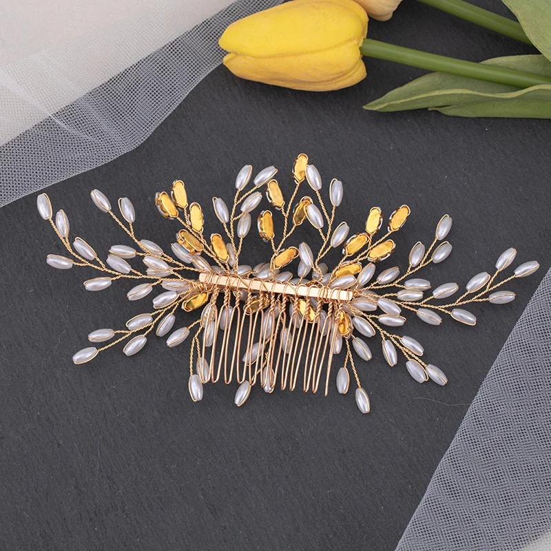 Handmade New Pearls Wedding Hair Combs Colorful Crystal Headpiece For Bride Women Girls Gold Vintage Head Jewelry Pageants Gift