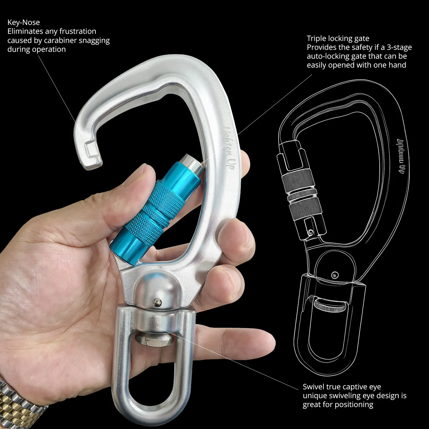 23KN Swivel Eye 3-way Carabiner High Tensile Swivel Triple Twist Lock Captive Carabiner