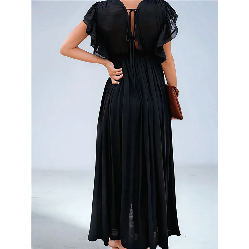 ABRT-Abito da spiaggia estivo casual da donna Abito maxi con volant Abito boho abbottonato Tunica lunga