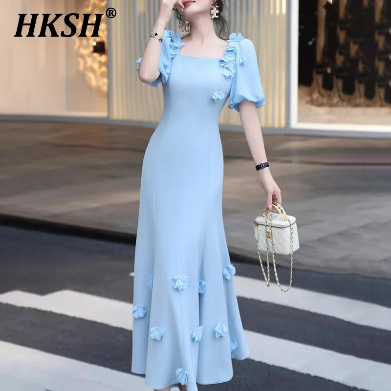 

HKSH Summer New Women Tide Elegant Solid Color Three-dimensional Flower Puff Sleeve High Waisted Square Collar Long Dress HK5488
