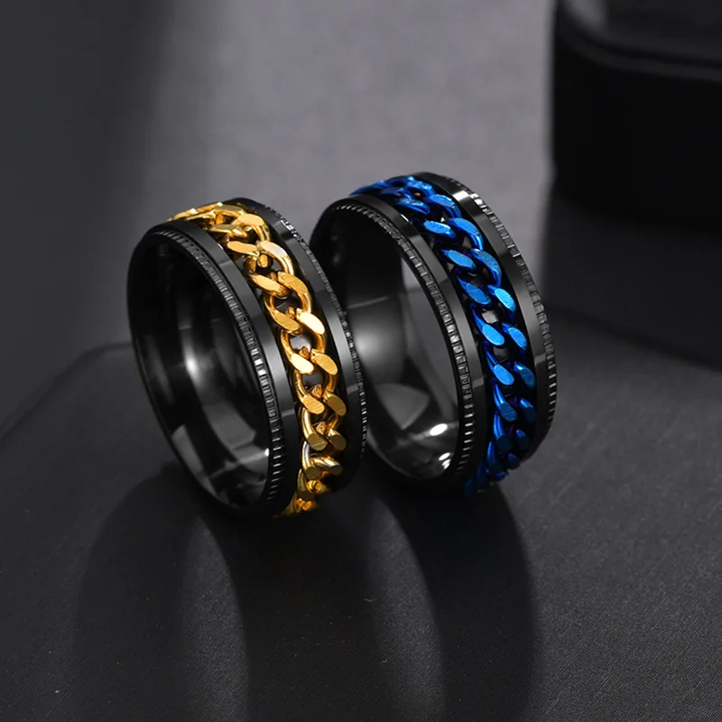 Rotate Rotating Anxiety Fidget rings Titanium Stainless Steel Chain Spinner Finger Ring For Men Blue Gold Color Black Punk Rock