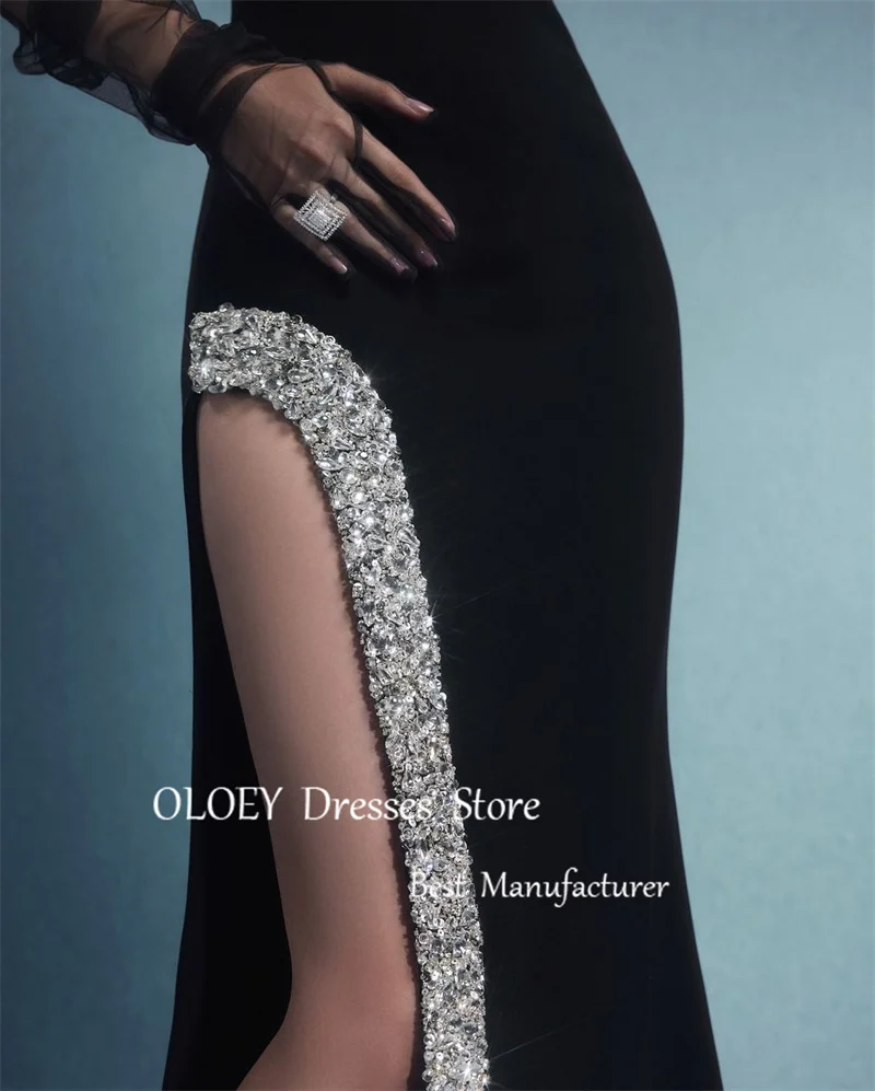 OLOEY Sparkly Beads Mermaid Evening Dresses Dubai Arabic Women High Neck High Split Strech Crystal Prom Gowns Formal Occasion