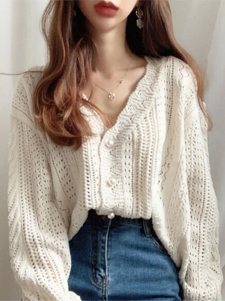 Women's Low V-Neck Knit Sweater Long Sleeve Hollow out Cardigan Loose White Top for Spring Summer 2025 Sexy Casual Knitwear
