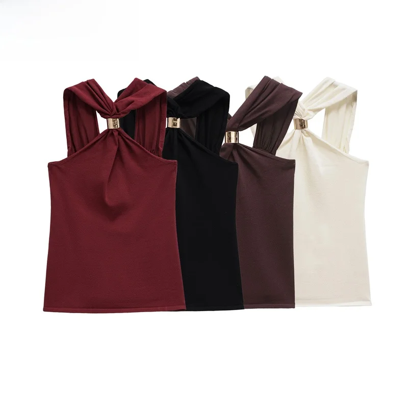 

ZBZR Spring New Women's Knitted Top with Wide oulder Strap Hanging Ne Collar Embellied in Gold 2025 Spring Faion