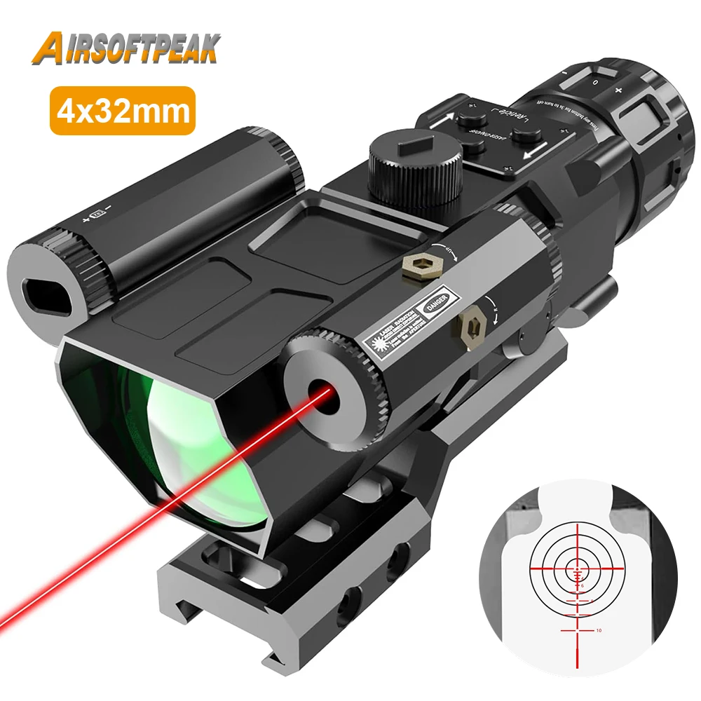 

4X32mm Prism Optics Rifle Scope with Red Laser Sight Combo 7 Level Red Illuminated Etched Reticle Riflescope for Airsoft Hunting