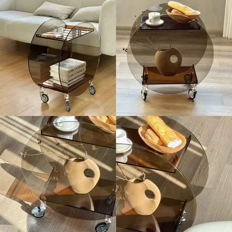 Acrylic Trolley for Sofa Edge Mobile Shelves Household Coffee Round Wine Table Meal Snack Storage Cart Organizer