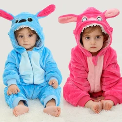 Baby Stitch Jumpsuits Boys Girls Flannel Hooded Pajamas Toddler Kids Onesies Pajamas Children Halloween Cosplay Costumes