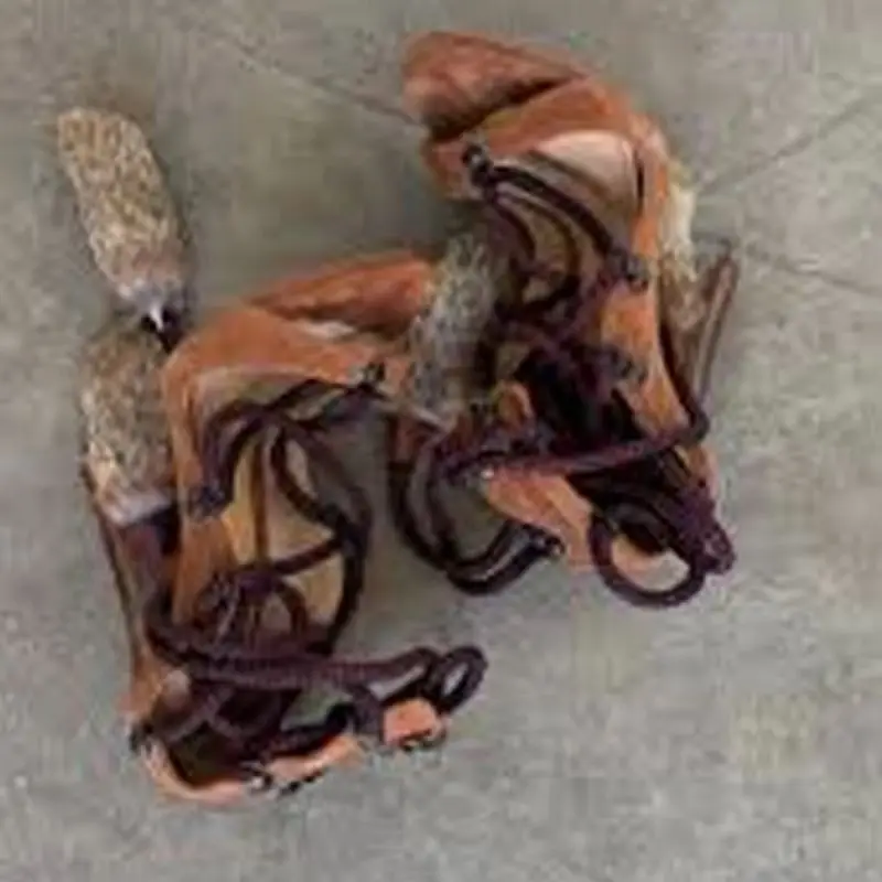 Brown Suede Peep Toe Fur Tassel Braided Rope Stiletto Ankle Boots Lace Up Back Zipper High Heels Western Style Party Booties