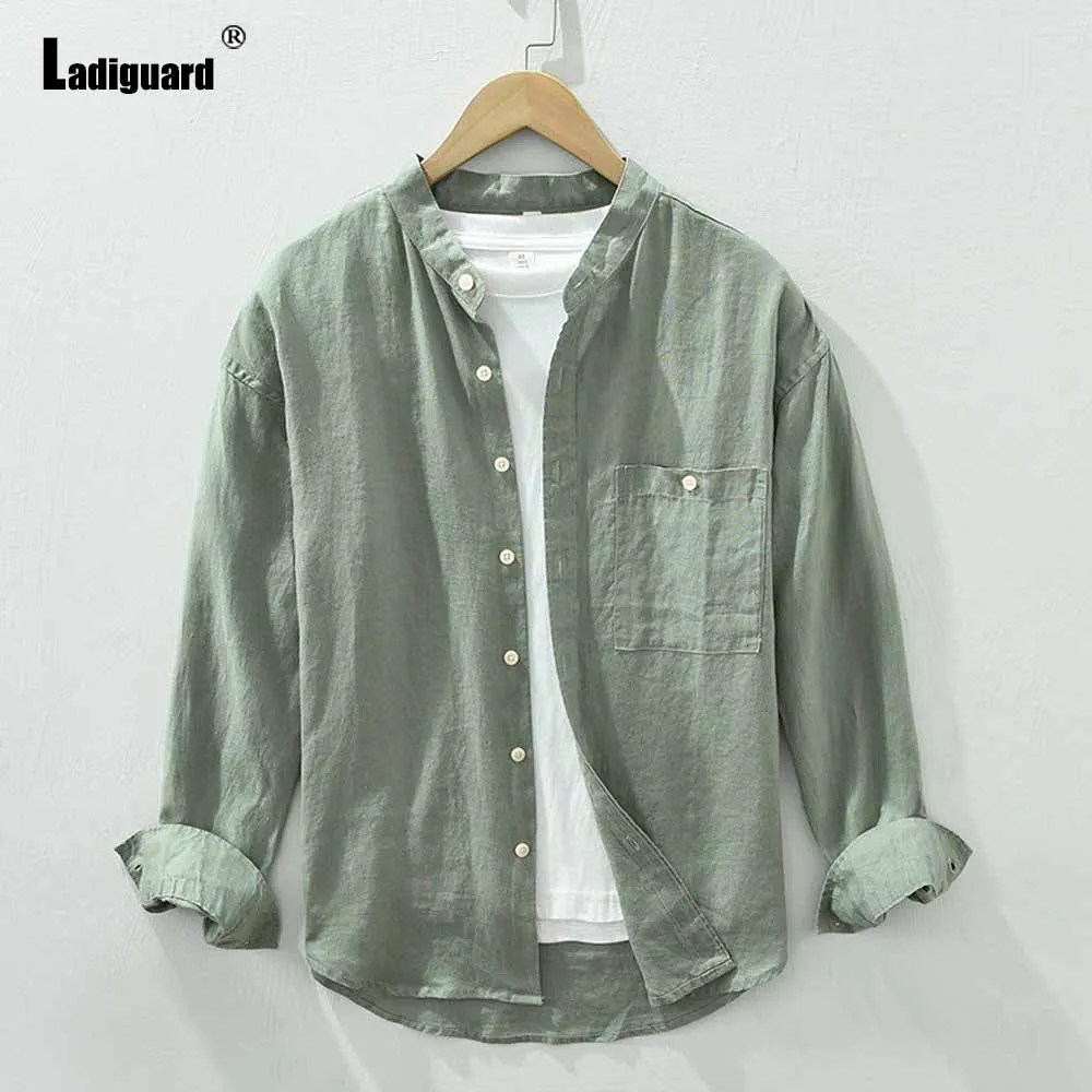 

Plus Size Mens Cotton Linen Shirts Blouse Mandarin Collar Basic Tops Green Soft Tunic Wear Men Casual Pocket Shirt Clothing 2023