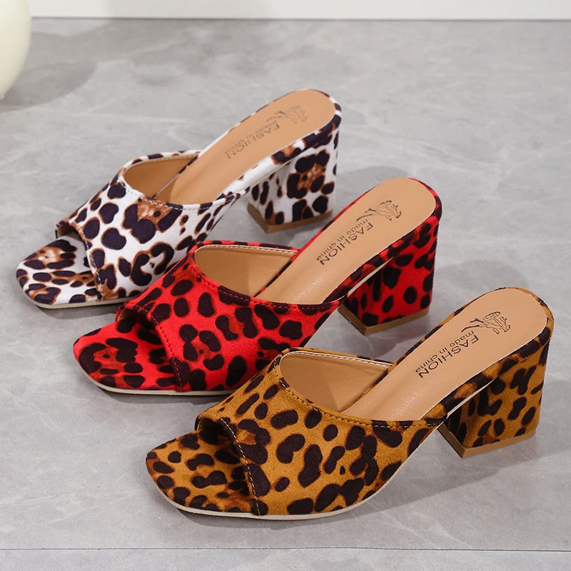 2024 Summer New Large Size 35-43 Fish Mouth High Heel Leopard Pattern Square Headed Thick Heel Suede Fashion Slippers