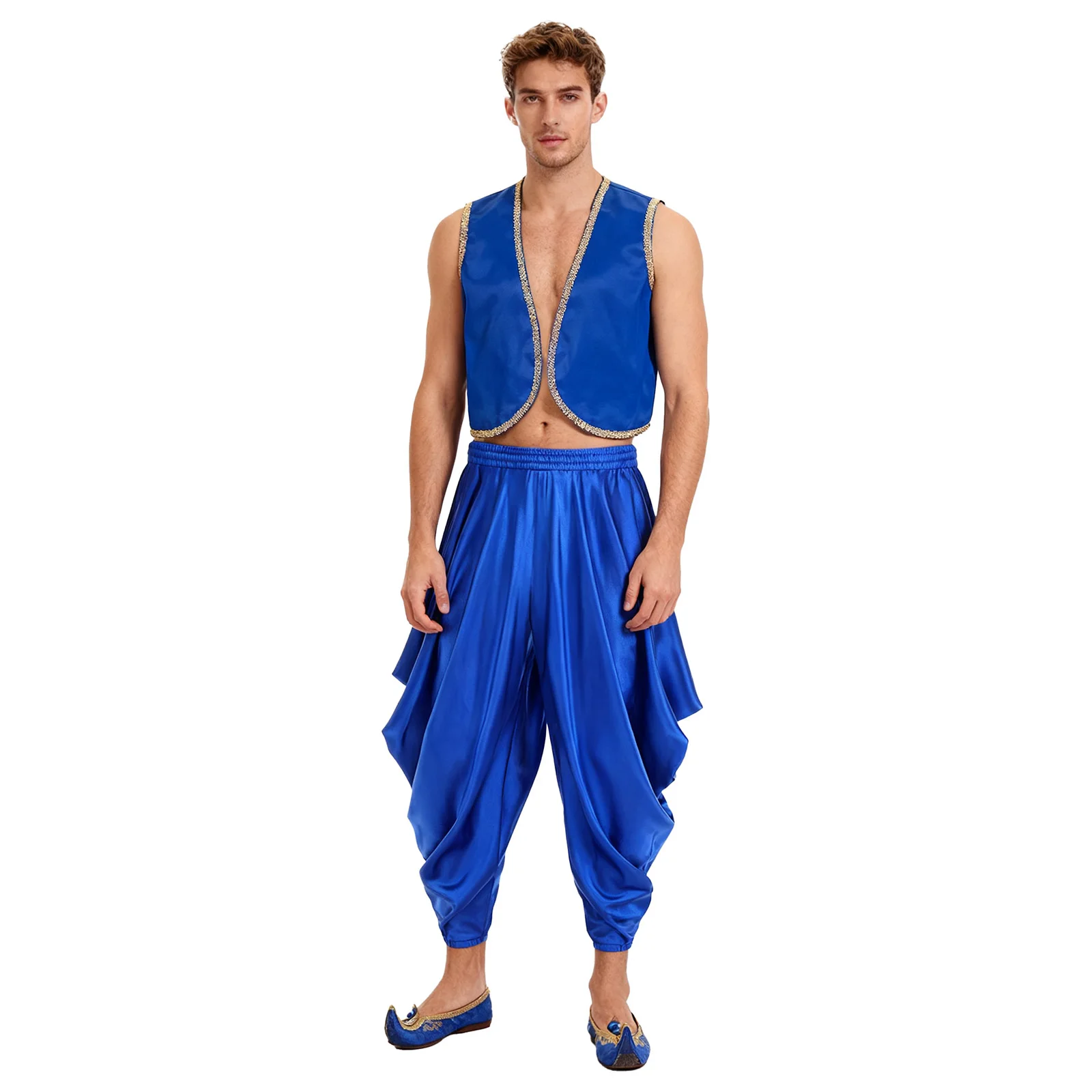 

Men Traditional Arab Indian Middle-east Prince Cosplay Daily Vest And Elastic Waistband Harem Pants for Halloween Raves Party