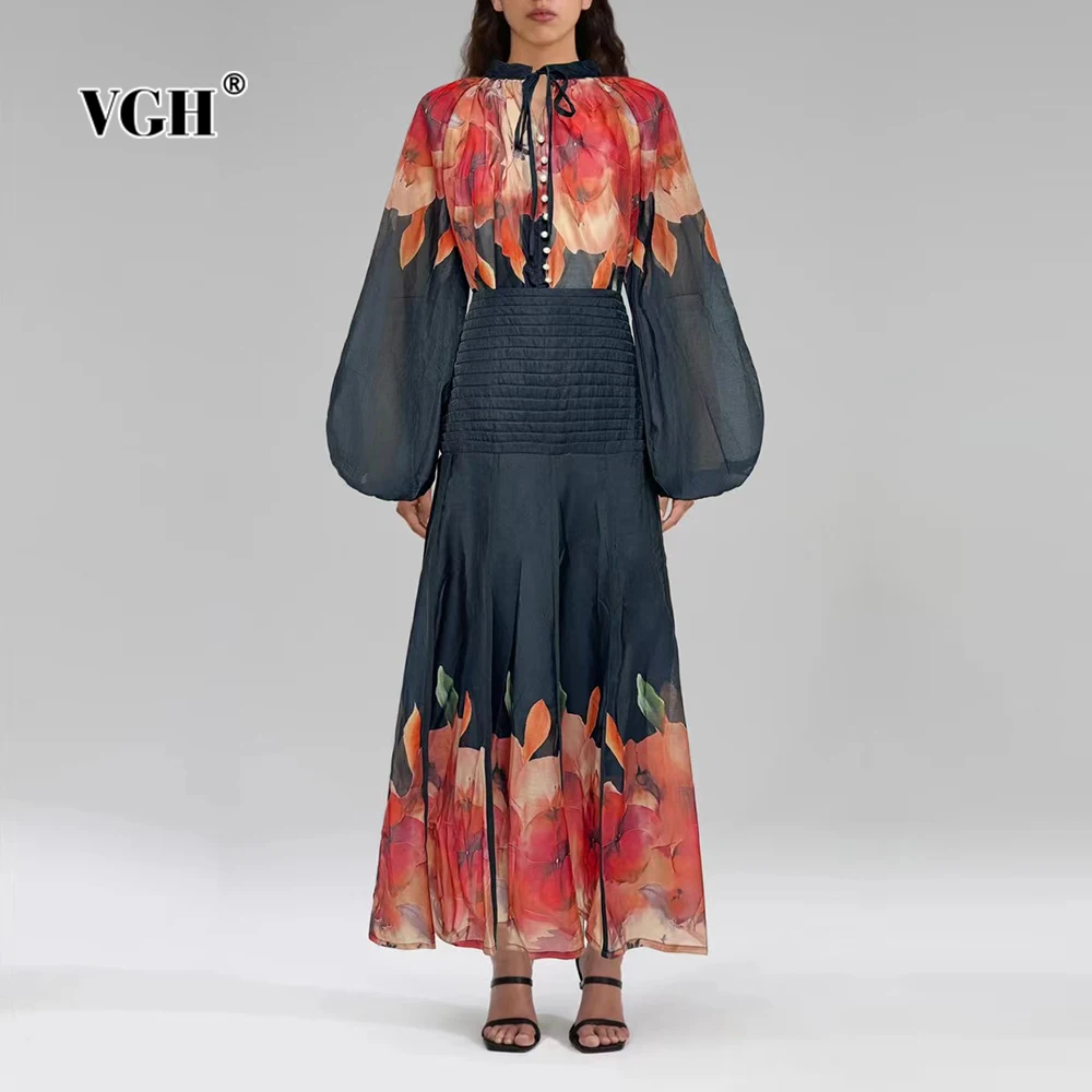

VGH Vintage Loose Two Piece Set for Women V Neck Puff Sleeve Spliced Lace Up Top High Waist Fold Printing Skirt Suit Female New