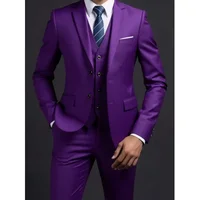 Suit (Blazer+ Vest + Trousers) Men's Fashionable Gentleman Business British Style Solid-color Banquet Host Casual Wedding Suit 2