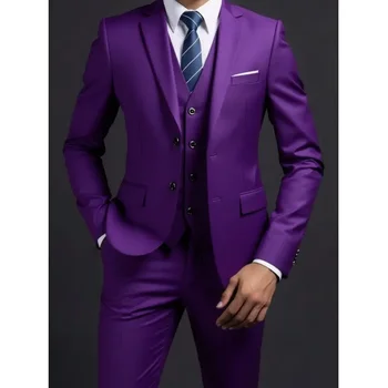 Suit (Blazer+ Vest + Trousers) Men's Fashionable Gentleman Business British Style Solid-color Banquet Host Casual Wedding Suit 2