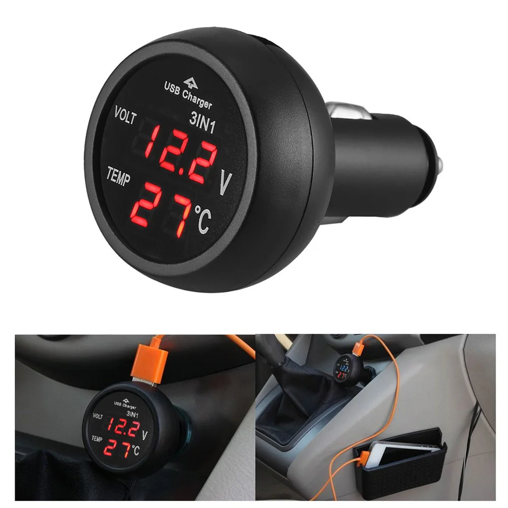 Carro Digital Led Display Voltímetro Auto Medidor Termômetro Carregador Usb Monitor Display Telefone Tablet Gps Carregamento em 12 v 24v